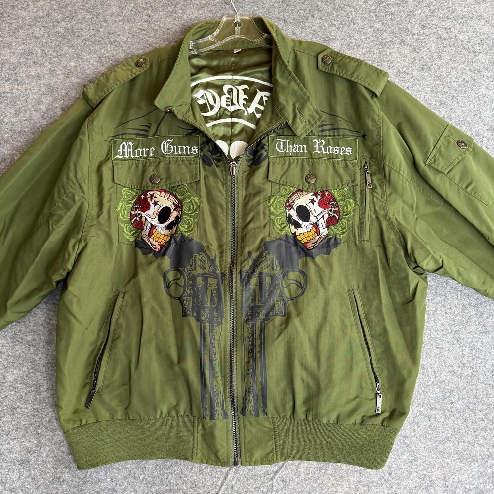 Canvas Bomber Jacket Mens 3XL Green Skull Guns Graphic Biker Goth